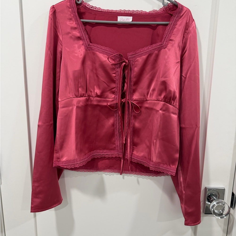 Pink Lily Satin Long Sleeve Top in Deep Pink